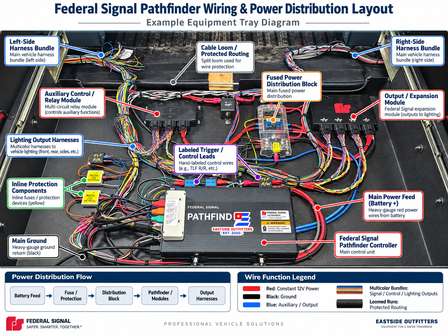 Labeled Federal Signal Pathfinder wiring and power distribution layout showing protected harness routing, modules, fused power, ground, and lighting outputs